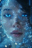 Futuristic female face with glowing blue eyes surrounded by digital particles and technological effects, representing artificial intelligence and digital transformation.
