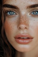 Close-up portrait of young Caucasian woman with blue eyes, freckles and natural makeup showcasing skincare and beauty concepts for cosmetic advertising.