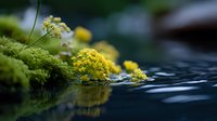 Yellow wildflowers and green moss growing along dark water surface with ripples creating natural reflection, moody nature macro photography for environmental themes.