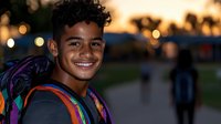 Young African American male student with bright smile wearing colorful backpack outdoors at sunset, bokeh lights in background create warm atmosphere for education concepts.