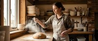 Young woman dusting fresh bread with flour in rustic kitchen workshop, artisan baking and food preparation for bakery, culinary education or cooking content.