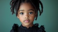 Young African American girl with natural hair styled in twists, wearing black ruffled dress against teal background, displaying innocent expression and bright eyes.