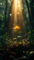Magical glowing flower in dark mystical forest with sunbeams breaking through trees and sparkling particles creating ethereal atmosphere. Suitable for fantasy designs.