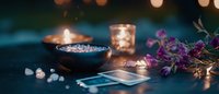 Mystical divination setup with tarot cards, healing crystals, burning candles and purple flowers on dark table in soft candlelight atmosphere.