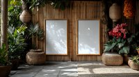 Tropical bamboo wall with two empty white frames, wicker baskets, and lush green plants creating zen garden atmosphere. Natural sunlight casting shadows.