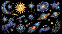 Celestial and space themed clip art collection featuring isolated astronomy and astrology design elements on transparent background. Includes moon, sun, stars, planets, rocket, telescope, unicorn, and decorative botanical elements. Ready for t-shirt design, stickers, sublimation, print-on-demand products and digital crafts.
