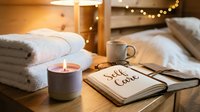 Cozy bedroom nightstand with candle, folded towels, and open journal reading Self Care, warm bokeh lights in background.