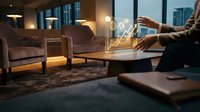 Businessman analyzing holographic financial data charts and graphs in modern office lounge with city view during evening hours for strategic planning.