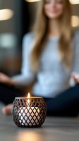 Burning candle in decorative metal holder with diamond pattern, woman practicing meditation in background. Soft focus creates peaceful atmosphere.