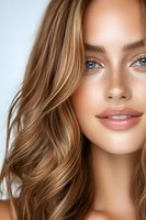 Young Caucasian woman with natural freckles, blue eyes and wavy honey blonde hair showcasing fresh glowing skin and natural makeup look for beauty and cosmetics advertising.