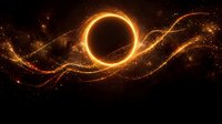 Golden energy ring with flowing light streams and sparkling particles on dark background for cosmic designs and digital art projects.