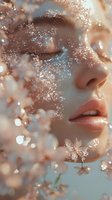 Close-up portrait with sparkling glitter and delicate spring blossoms creating dreamy atmosphere. Soft natural makeup and pale skin tone against blurred floral background.