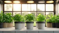 Fresh basil plants growing in modern gray pots on windowsill with natural sunlight streaming through window panes, indoor herb garden setup for kitchen decor.