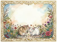 Two adorable mice cuddling together surrounded by colorful flowers and ornate golden border frame with romantic hearts and floral elements.