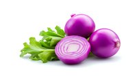 Fresh red onion bulbs and half with green lettuce leaves isolated on white background, raw organic produce for cooking and food preparation.