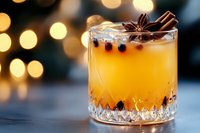 Orange winter cocktail garnished with star anise and juniper berries in crystal glass against blurred holiday lights background, festive drink styling.
