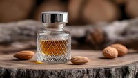 Premium whiskey in crystal decanter with diamond pattern on rustic wooden surface surrounded by almonds for luxury beverage advertising and bar concepts.