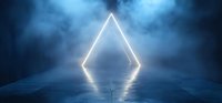 Glowing neon triangle shape floating over reflective surface with dramatic fog and blue lighting creates futuristic sci-fi atmosphere on dark background.