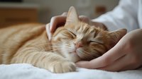 Ginger cat sleeping peacefully while being petted, showing contentment with closed eyes and relaxed expression. Soft natural lighting creates warm, cozy atmosphere.