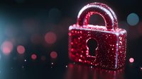 Glowing red padlock with sparkles and bokeh effects on dark background, symbolizing digital security and data protection concepts for cybersecurity designs.