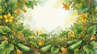 Lush garden border with fresh green zucchini, yellow squash blossoms, and vine leaves arranged on cream background. Suitable for recipe blogs, cooking websites, and food packaging designs.