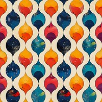 Retro geometric ogee pattern in vibrant orange, blue and red tones with cosmic space elements creates seamless repeat design for fabric and wallpaper projects.