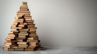 Stack of hardcover books arranged in pyramid shape on concrete floor against neutral wall, creating dramatic shadows and minimalist composition for education concepts.