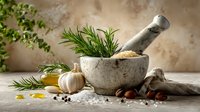 Stone mortar with fresh rosemary, garlic, spices and nuts on rustic background, natural cooking ingredients for traditional cuisine preparation.