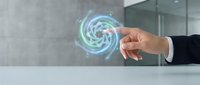 Businessman hand touching glowing spiral hologram symbol representing digital technology, innovation, and futuristic business solutions for corporate presentations.