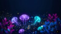 Glowing jellyfish floating in dark ocean depths with bioluminescent particles and colorful underwater lighting effects for marine biology concepts.