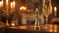 Golden chess king piece beside elegant champagne flute on wooden table with warm candlelight bokeh background creating luxurious celebratory atmosphere.