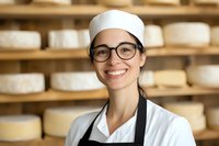 Smiling Hispanic female cheese maker in white uniform and glasses at artisanal dairy production facility with aging cheese wheels on wooden shelves in background.