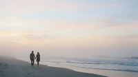 Romantic couple walking hand in hand on sandy beach at sunset with gentle waves and pastel sky colors creating peaceful coastal atmosphere.