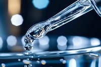 Clear liquid drop falling from glass dropper with ripple effect on water surface against blurred blue bokeh background, macro photography closeup.