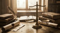 Vintage brass scales of justice with old law books, quill pen and scrolls on wooden desk in warm sunlight for legal concepts.