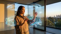 Young Asian businesswoman interacting with holographic data visualization in modern office during sunset for technology and innovation presentations.