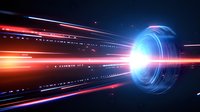 Abstract futuristic portal with glowing blue vortex and red light trails against dark background, dynamic energy streams creating sci-fi tunnel effect.