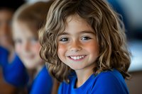 Young girl with curly blonde hair smiling brightly in blue shirt at school or daycare setting with other children in background for education concepts.