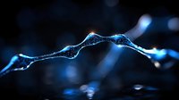 Glowing blue digital wave visualization on dark background with bokeh effect and network connection concept representing data flow and technology.