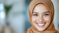 Young Muslim woman in beige hijab smiling warmly at camera in modern office setting. Professional headshot for business, healthcare, education content.