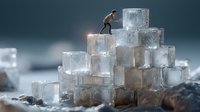 Businessman climbing stack of large ice cubes representing challenges, obstacles, perseverance and success in cold business environment.