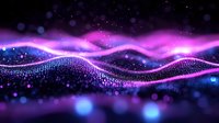 Glowing purple and blue wave of particles flowing with sparkles and bokeh effects on dark background creates futuristic digital landscape. Abstract technology concept.