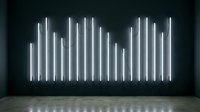 Glowing neon tube lights arranged in equalizer wave pattern on dark wall, creating futuristic sound visualization art installation.