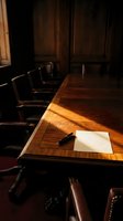 Elegant boardroom with polished wooden conference table, leather chairs and blank paper with pen ready for corporate meeting in warm sunlight.