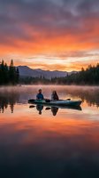 Couple in canoe on misty lake at sunrise with golden sky, mountains and evergreen forest reflected in calm water for travel and outdoor adventure content.
