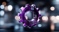 Purple metallic gear wheel floating on blurred bokeh background with soft lighting effects, representing industrial technology, innovation and mechanical engineering.