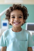 Young child with curly hair wearing mint green t-shirt smiling brightly at camera in medical office setting, showing genuine happiness and positive healthcare experience.