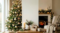 Decorated evergreen tree with gold ornaments and lights beside fireplace with garland, candles and wrapped gifts in cozy living room setting for holiday season celebrations.