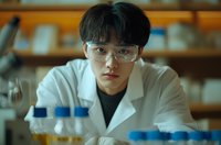 Young Asian male scientist in lab coat and protective glasses conducting research with blue sample containers in modern laboratory setting. Professional medical study.