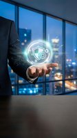 Businessman in dark suit holding glowing shield and gear icon above table with city skyline at dusk, representing cybersecurity, data protection, and technology solutions.